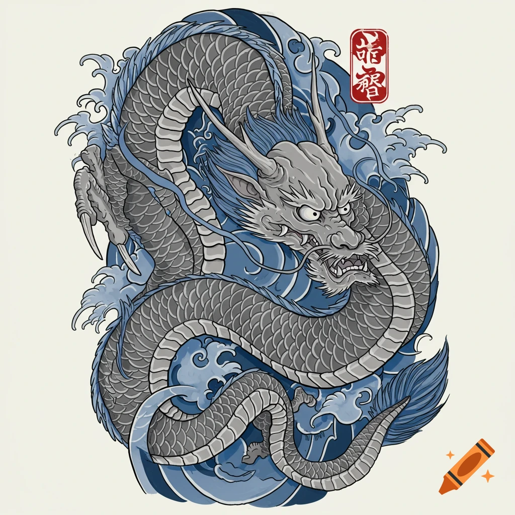 Traditional Japanese style illustration of a grey and blue dragon coiled amidst blue waves, with a red seal.
