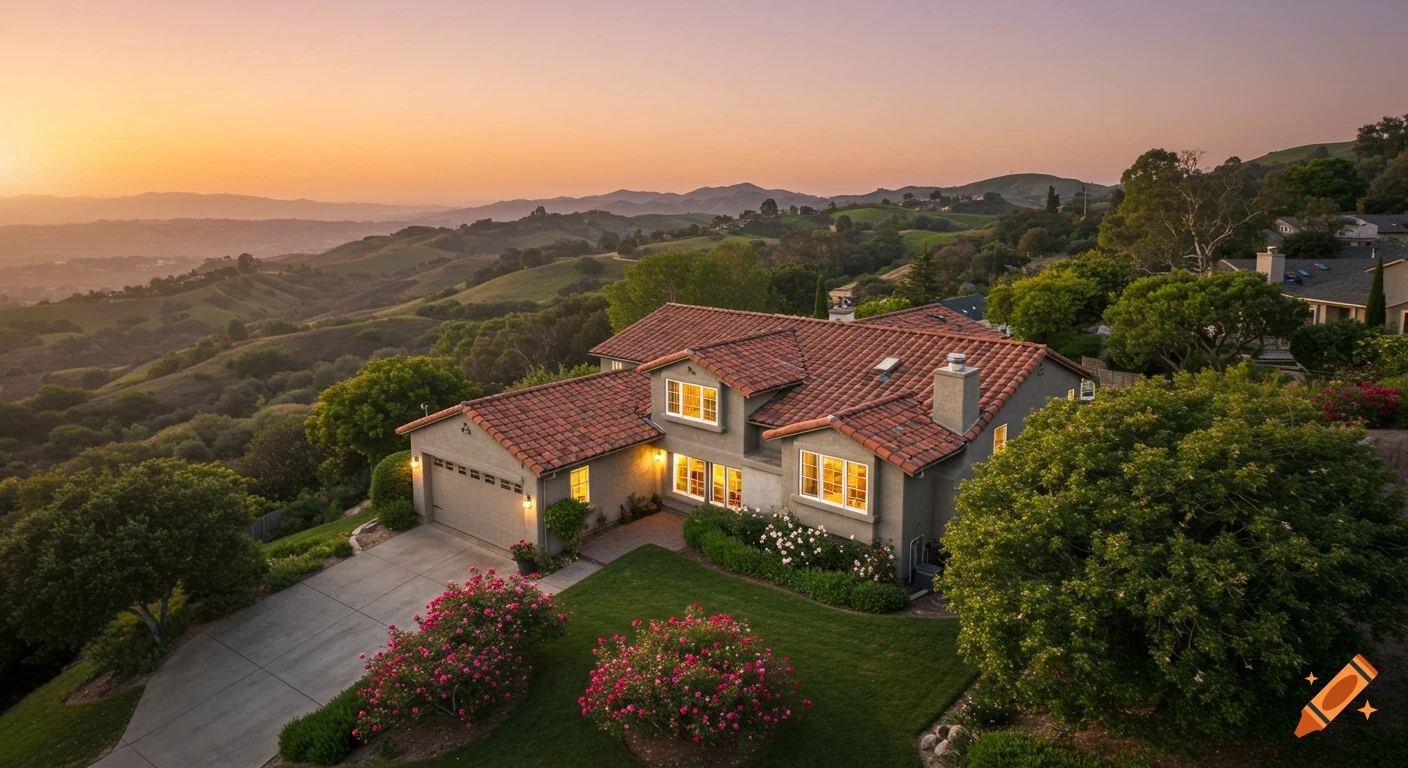 Aerial view of a house with a tiled roof and illuminated windows nestled in green hills at sunset.