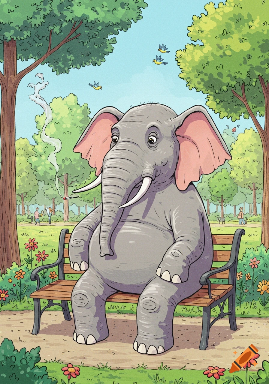 A gray cartoon elephant sits on a wooden park bench, smoking a cigarette in a park with trees and flowers.