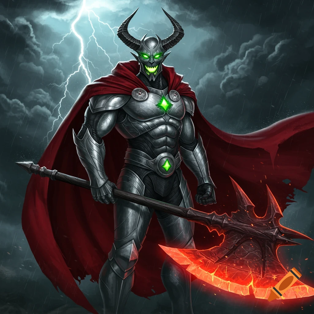 A menacing supervillain in futuristic silver armor and a red cape holds a glowing red battle axe under a stormy sky.