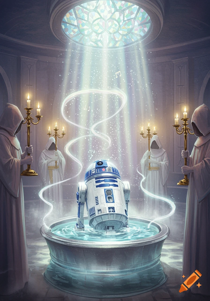 R2D2 in a mystical baptism ceremony with robed figures in a church-like setting, light streaming from a stained glass dome.