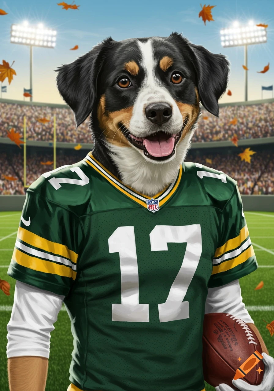 A happy dog wearing a green and yellow Green Bay Packers football jersey with number 17, holding a football in a stadium with falling autumn leaves.