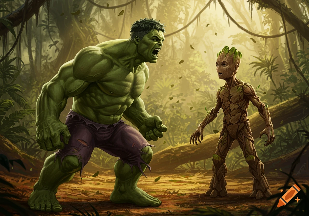 Hulk yells at a small Groot in a lush jungle, depicted in a detailed comic art style illustration.