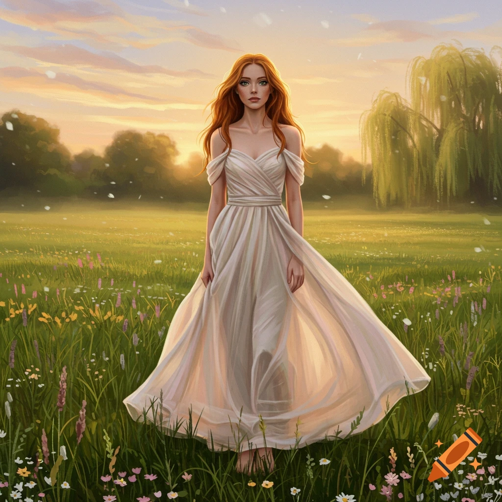 A digital painting of a woman with long red hair in a flowing white dress, standing in a field of wildflowers at sunset.