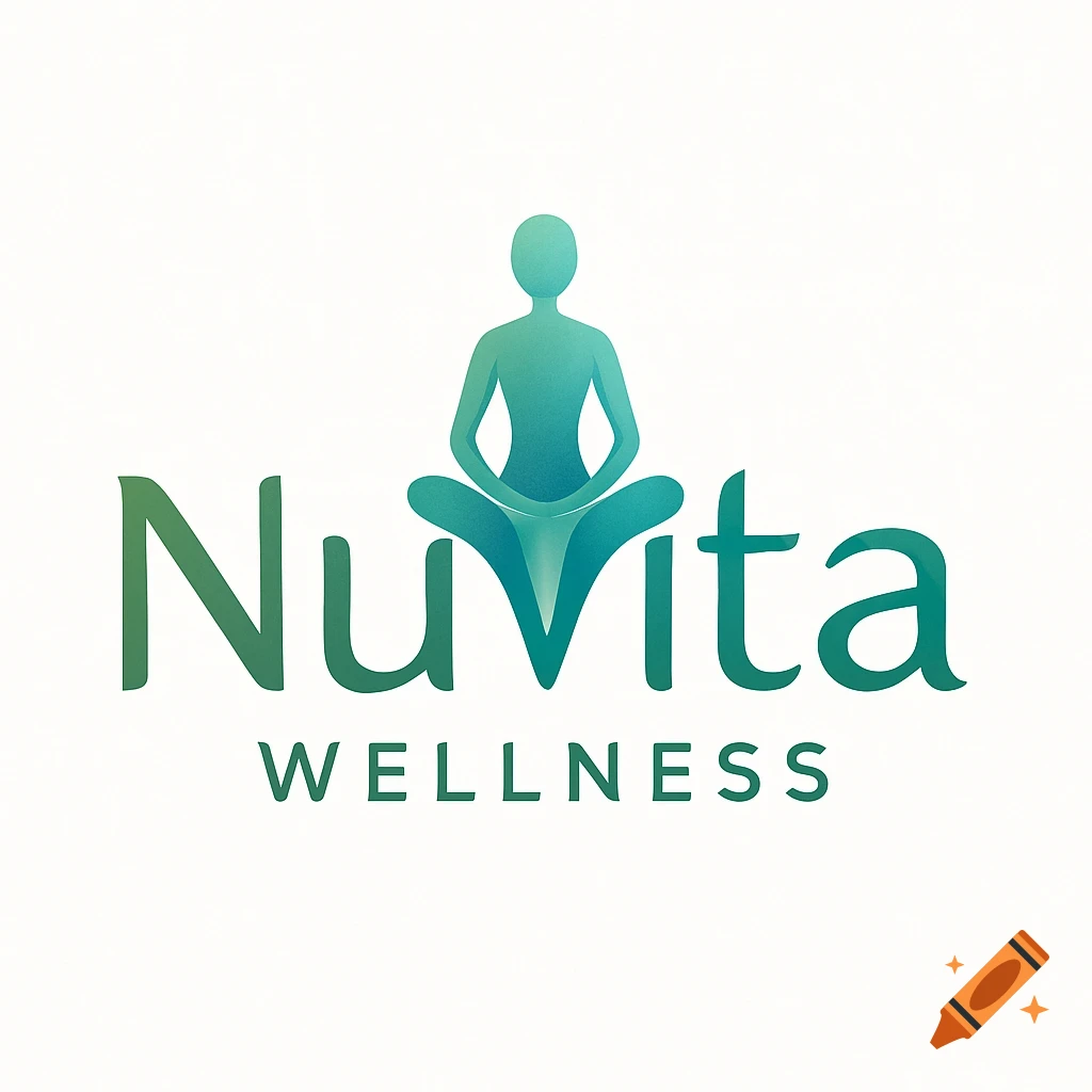 Nuvita Wellness logo with a teal-green gradient silhouette of a person meditating in lotus position above the brand name.