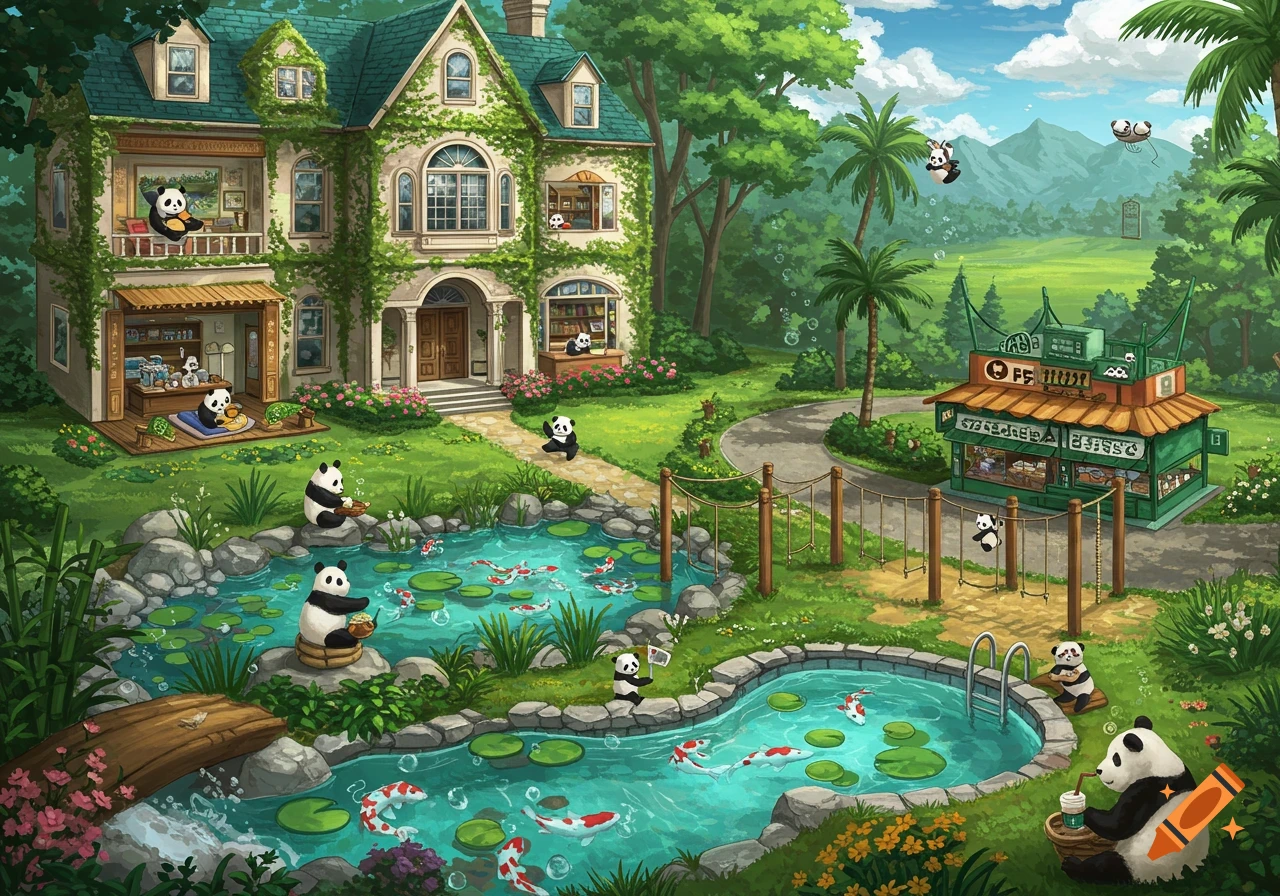 A whimsical illustration of pandas interacting in a large, vine-covered house and a lush garden with a pond, fish, and a small cafe.