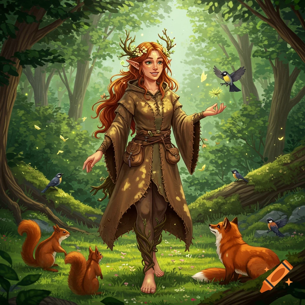 A smiling female elf druid with antlers and red hair stands barefoot in a vibrant forest, surrounded by squirrels, birds, and a fox.