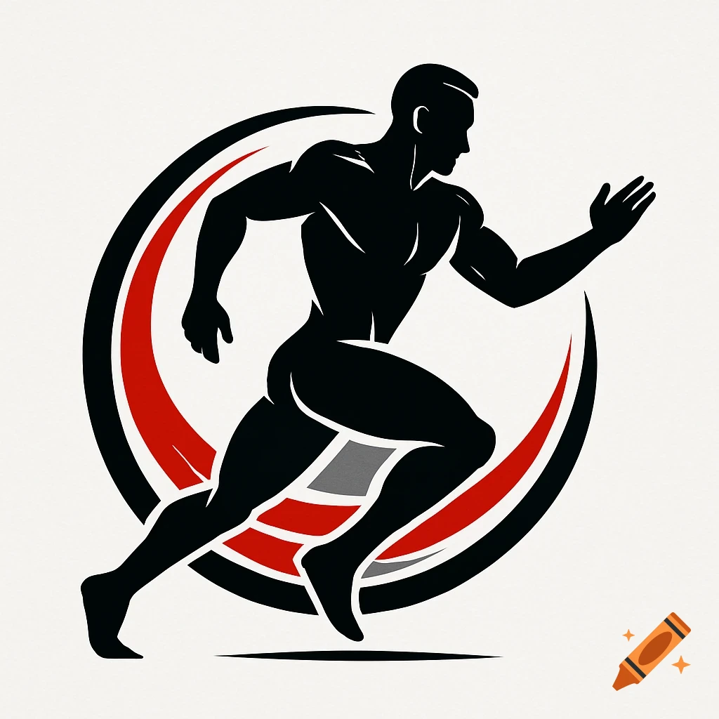 Stylized black silhouette of a muscular man running, against a circular red, black, and grey design.