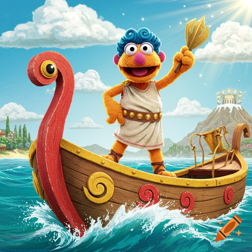 A colorful Muppet-like character dressed as Odysseus stands in a boat on a bright sea, holding a golden trident, with a temple on a mountain in the background.