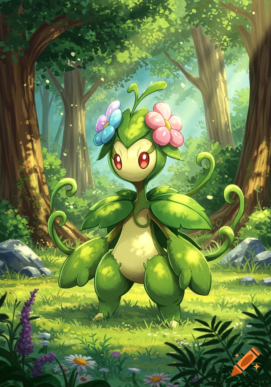 A cute green plant-like creature with pink and blue flowers on its head stands in a sunlit forest, in a Pok emon art style.