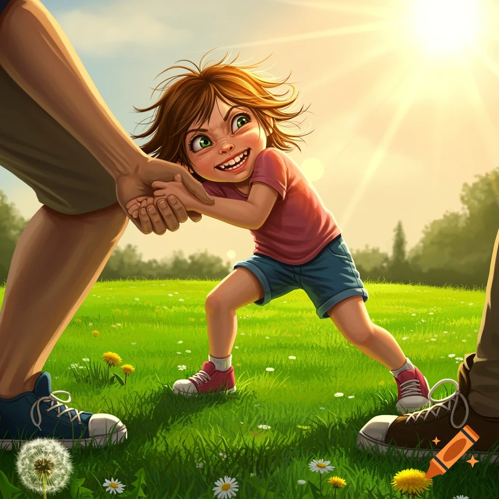 A cartoon-style image of a young girl with an excited expression playfully pulling on an adult's hand in a sunny green field.