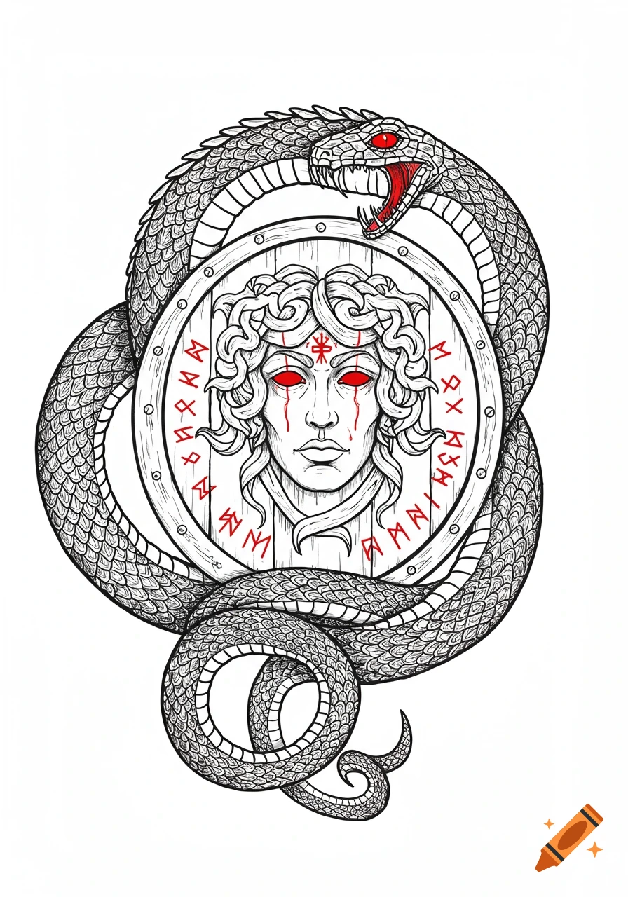 Black and white linework illustration of an ouroboros snake wrapped around a shield with a red-eyed Medusa head and red runes.