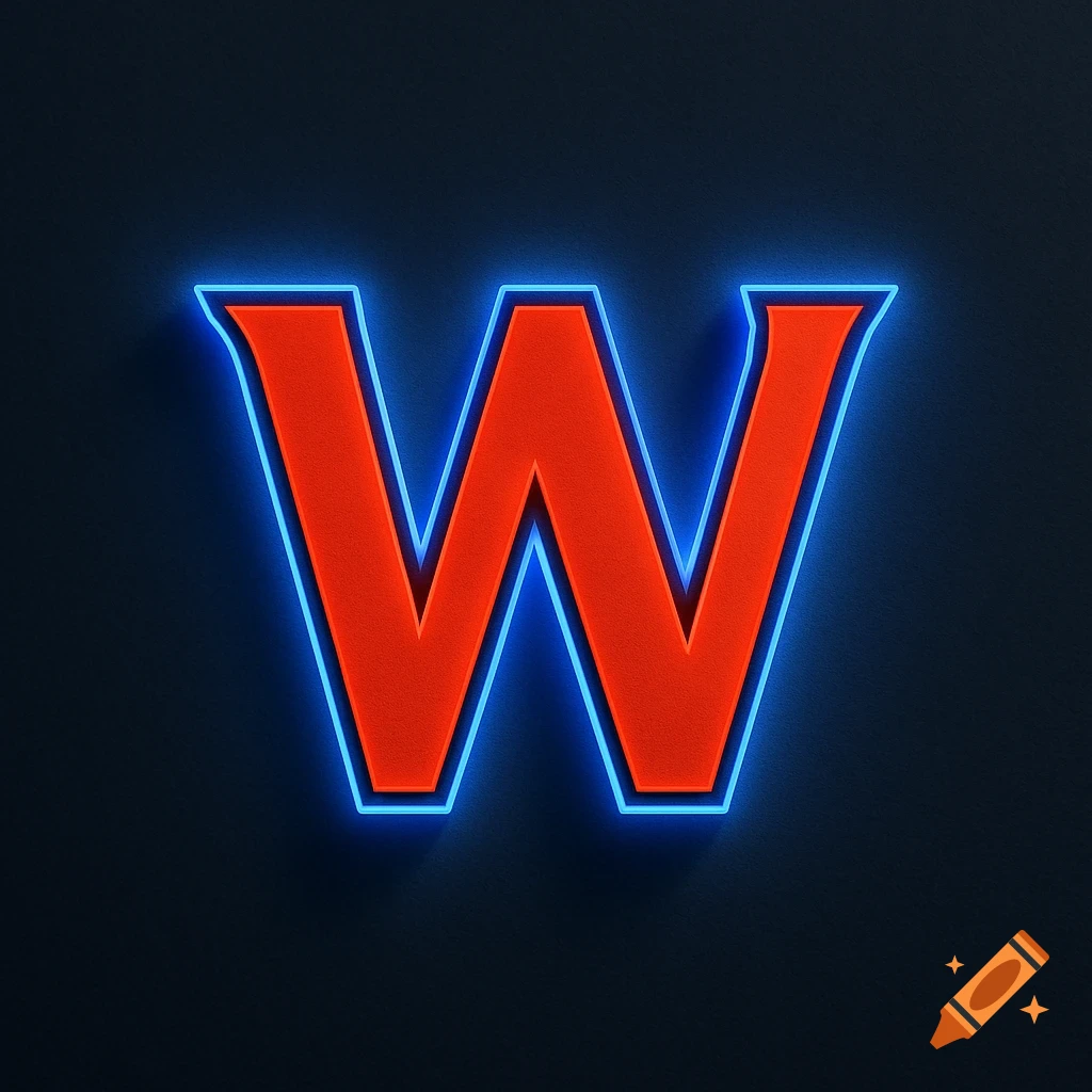 A bold, red letter W with a vibrant blue neon outline against a dark background.