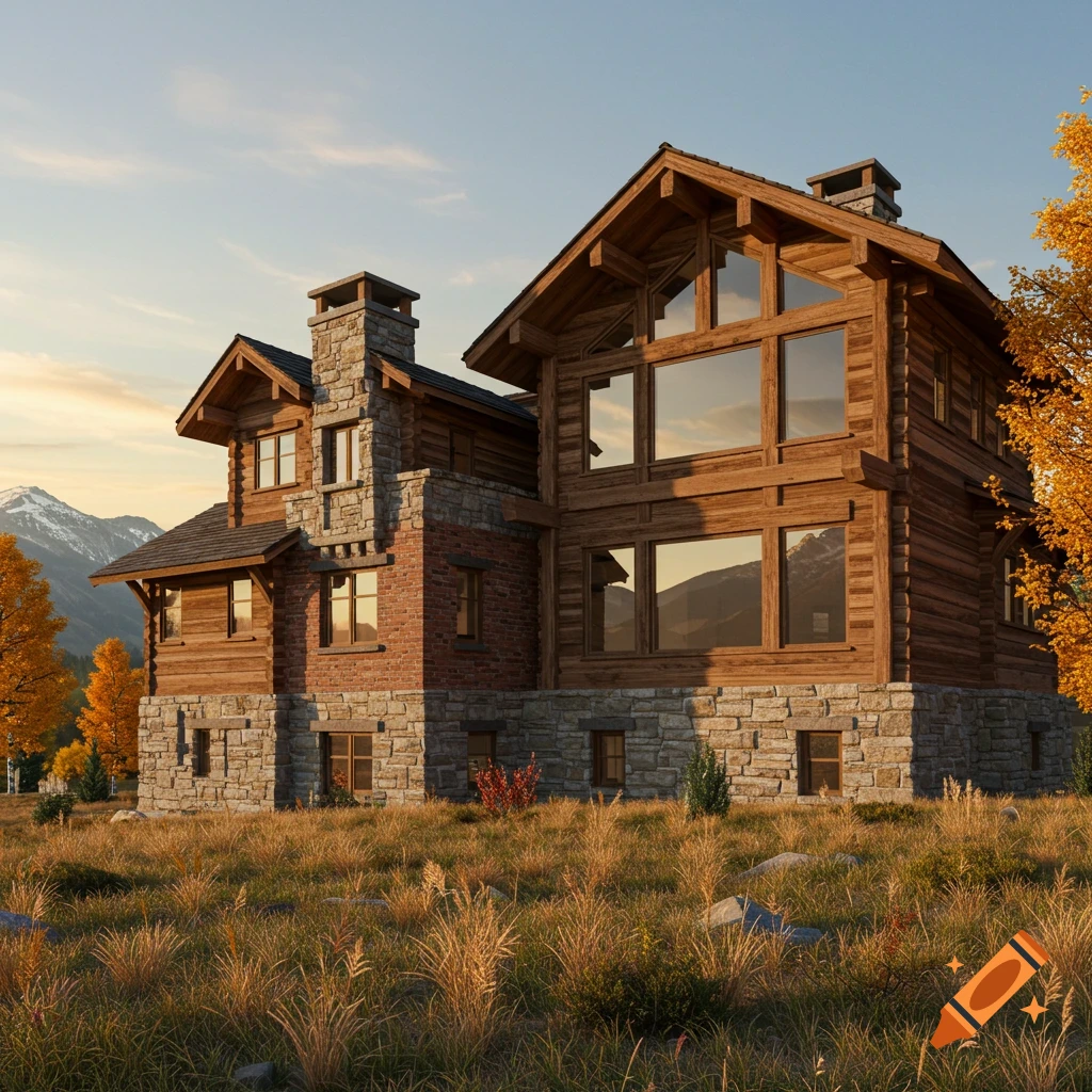 Large multi-story house with stone, brick, and wood construction in a mountain landscape with autumn trees under a clear sky.