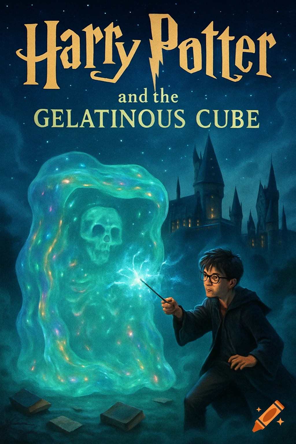 A book cover for 'Harry Potter and the Gelatinous Cube' featuring Harry Potter casting a spell at a glowing, transparent cube containing a skeleton, with Hogwarts in the background.