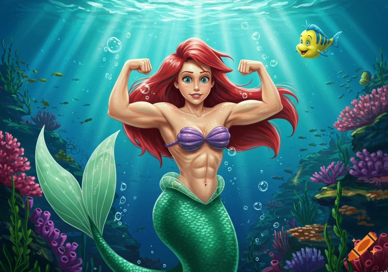 Ariel the mermaid with red hair and a green tail flexes her muscular arms underwater, with Flounder swimming nearby.