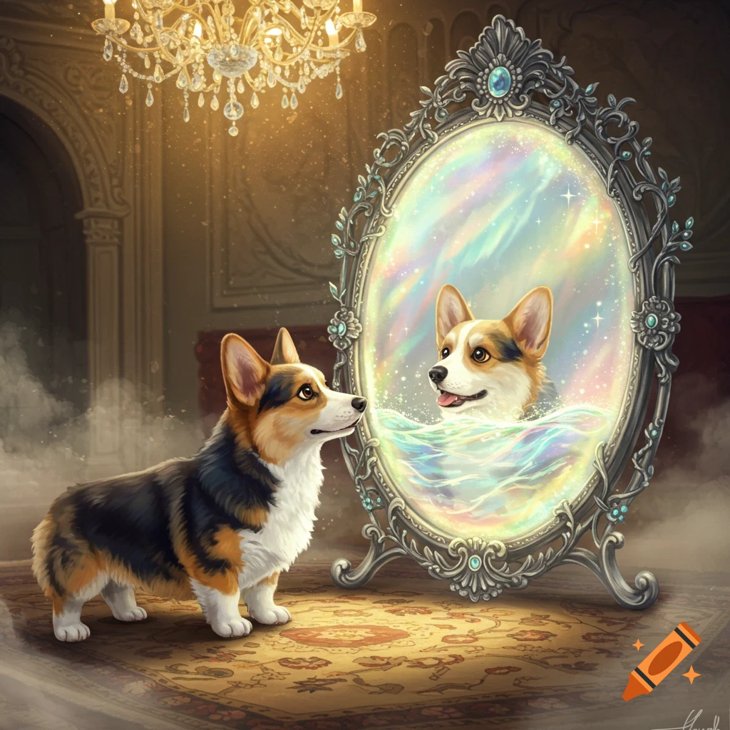 A tri-color corgi looks into an ornate, magical mirror reflecting a colorful, wavy image in a grand room.