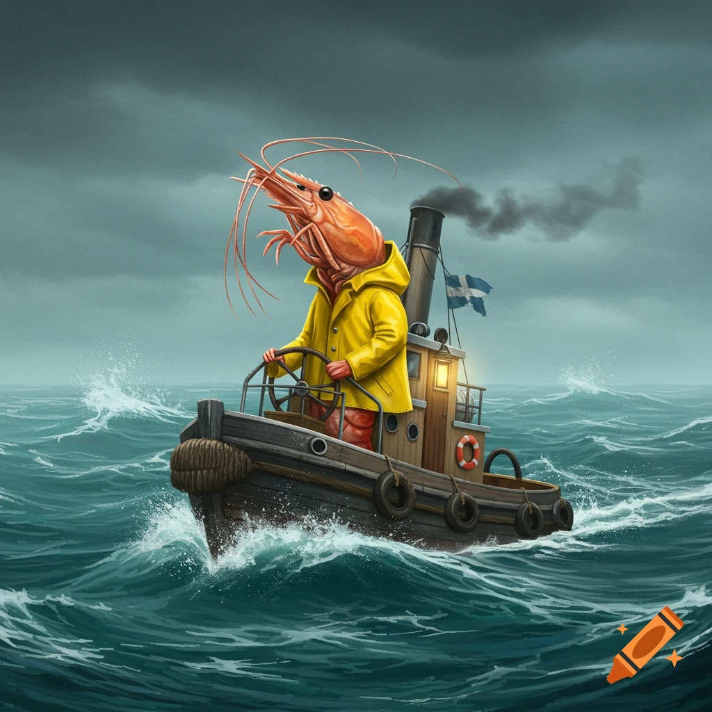 An anthropomorphic shrimp wearing a yellow rain jacket steers a tugboat on rough, stormy seas.