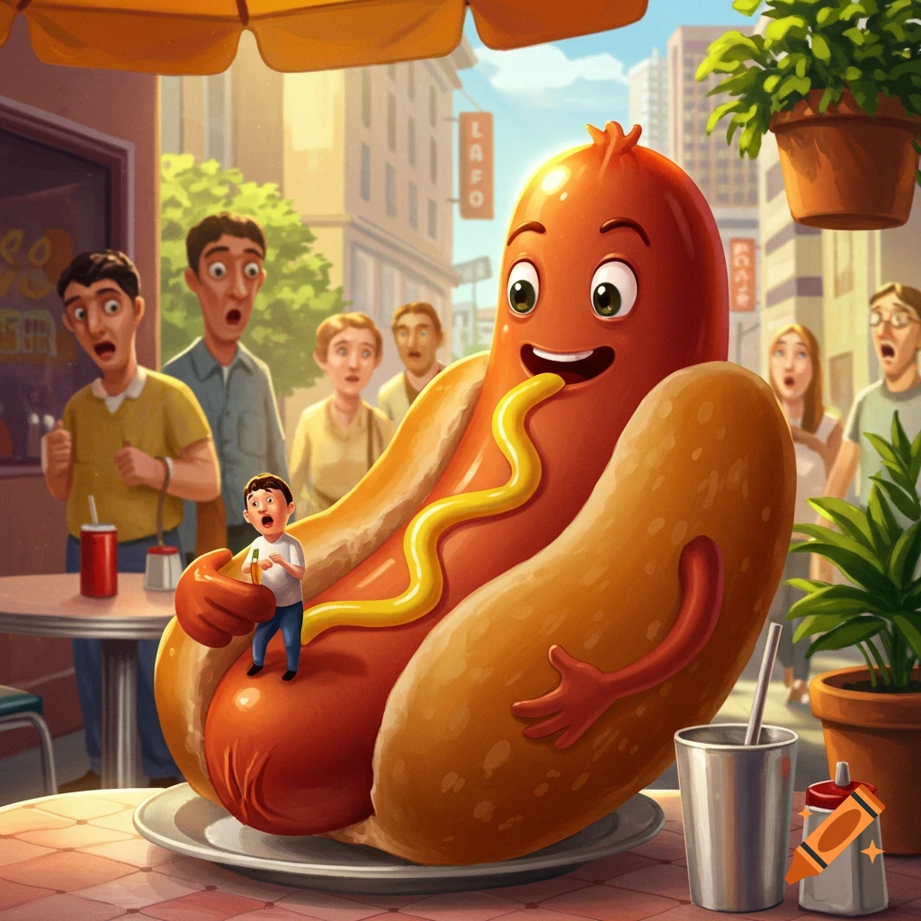 A cartoon hotdog with arms and a face holds a small child on its bun while people in the background look surprised.