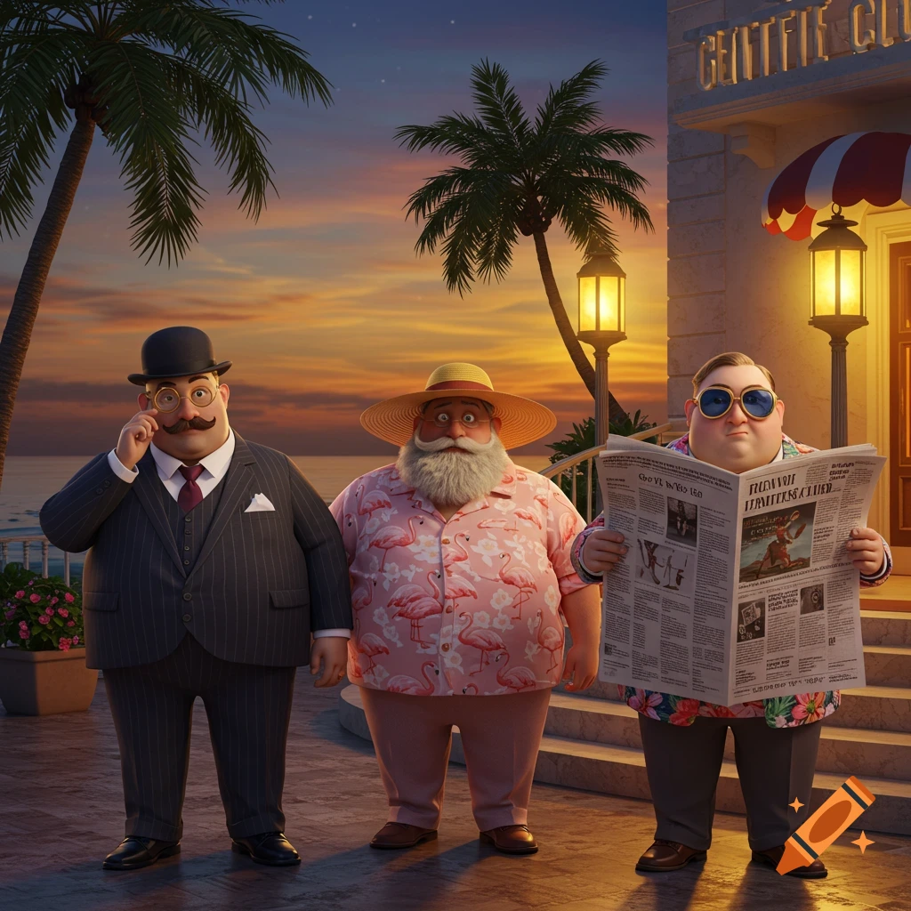 Three portly, stylized men stand outside a club by the beach at sunset, with palm trees and ocean in the background. One wears a suit, one a flamingo shirt, and one reads a newspaper.