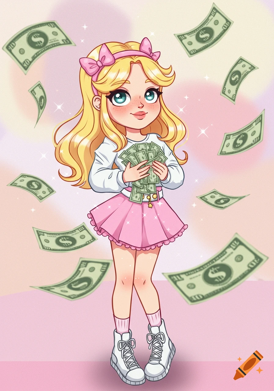 A cartoon girl with blonde hair and a pink skirt holding money, with bills floating around her on a pink background.