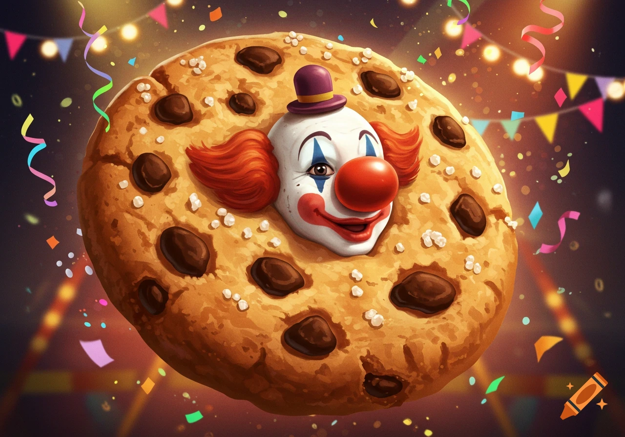 A whimsical illustration of a clown's head emerging from the center of a large chocolate chip cookie, set against a blurred background of festive party lights, banners, and colorful confetti.