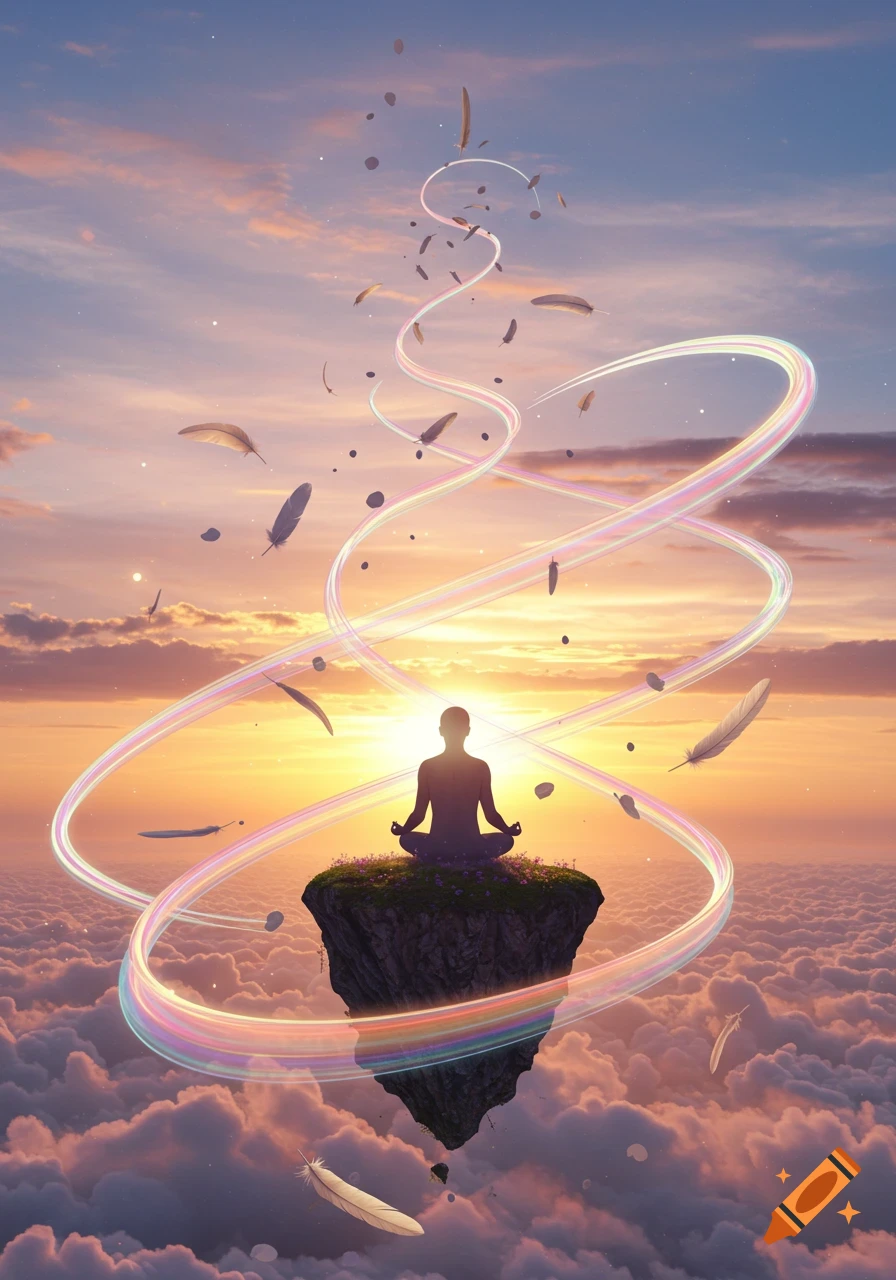 Silhouette of a person meditating on a floating island above clouds at sunset, surrounded by colorful light ribbons and feathers.