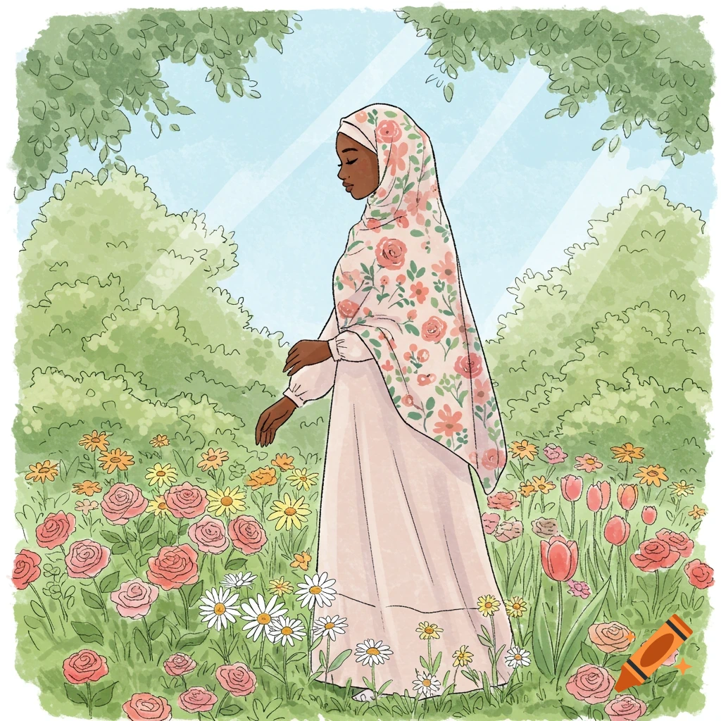 A black Muslim woman wearing a floral hijab and long dress stands among colorful flowers in a lush garden, drawn in a pleasant sketch style.