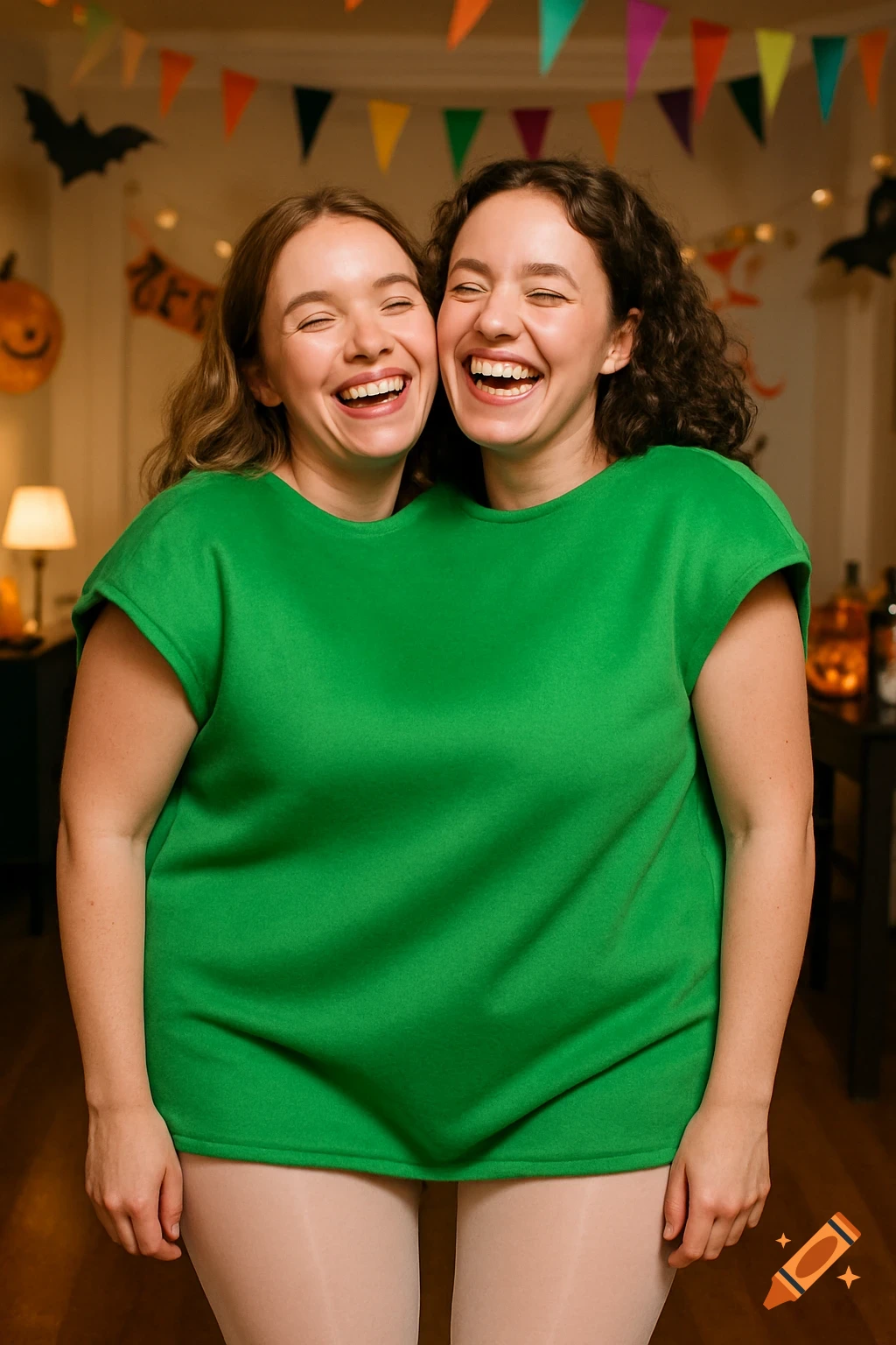 Two women in a shared green costume, smiling and laughing at a Halloween party, creating an illusion of a two-headed person.