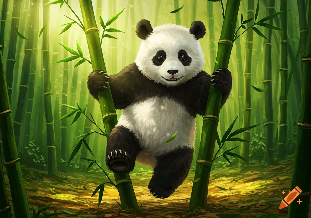 A cute illustrated baby panda playfully climbing two thick bamboo stalks in a bright green bamboo forest.