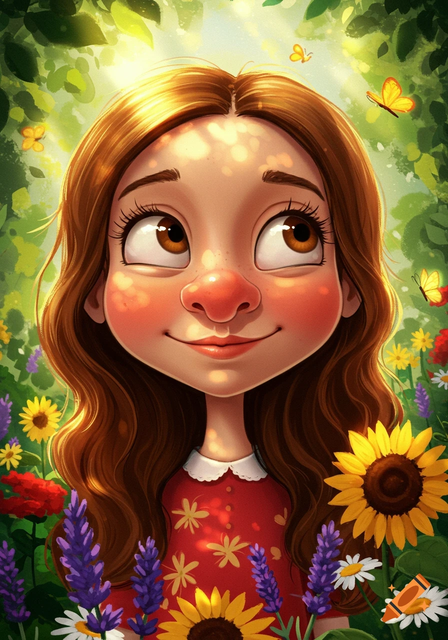 A cartoon illustration of a girl with a large nose, surrounded by colorful flowers and butterflies, in a sunny garden.