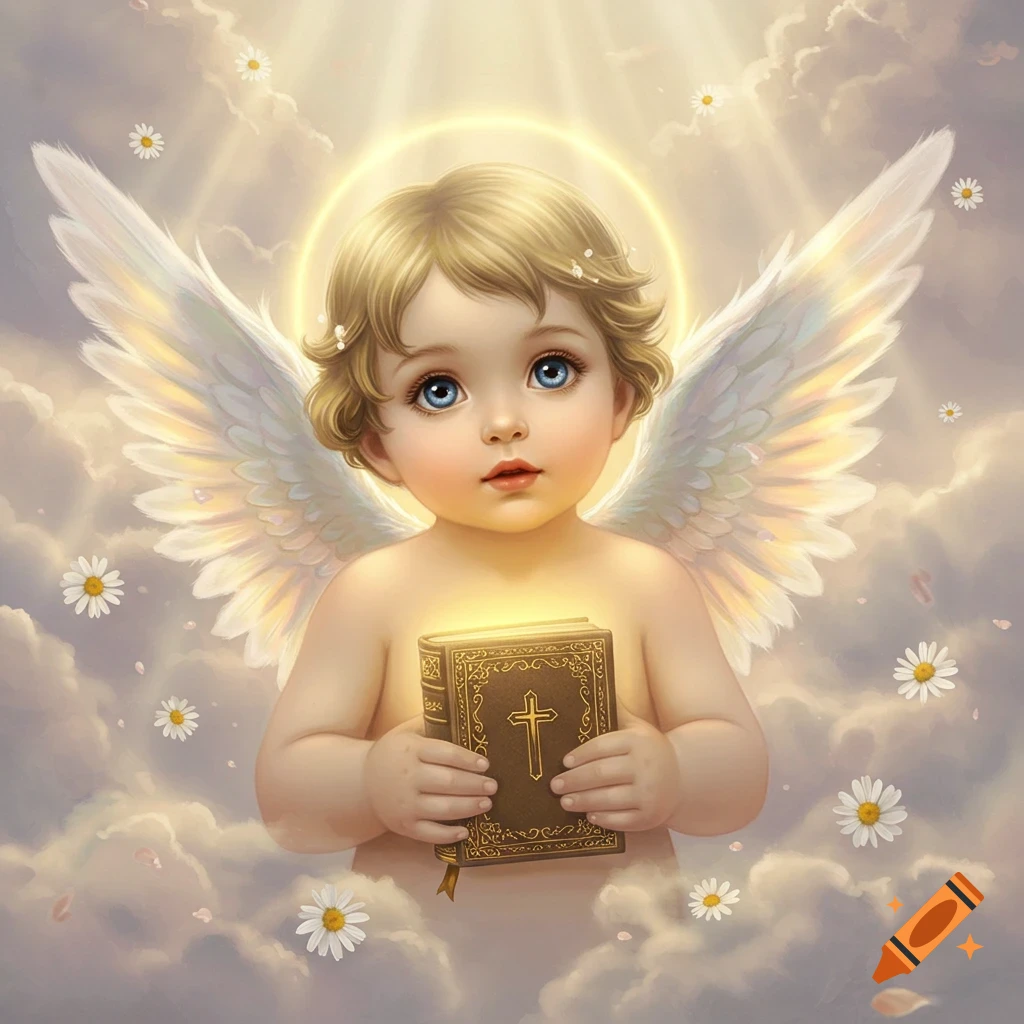 A cherubic baby angel with golden hair and blue eyes holds an illuminated Bible, surrounded by clouds, daisies, and divine light.