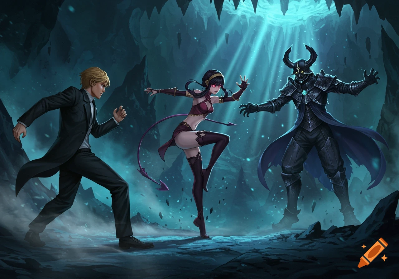 Three anime-style characters, a man in a suit, a woman with a demon tail, and a horned armored figure, battle in a mystical blue-lit cave.