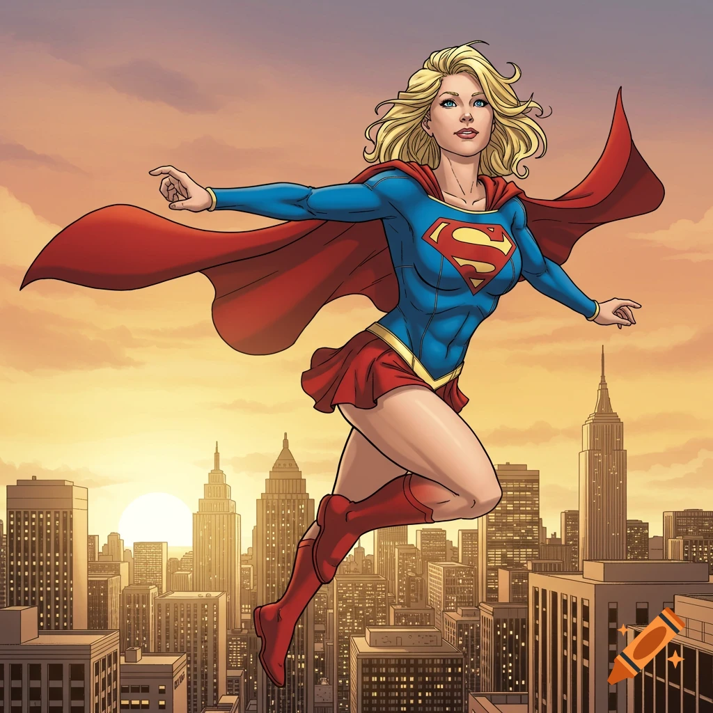 Supergirl flying over a city skyline at sunset in a vibrant comic art style.