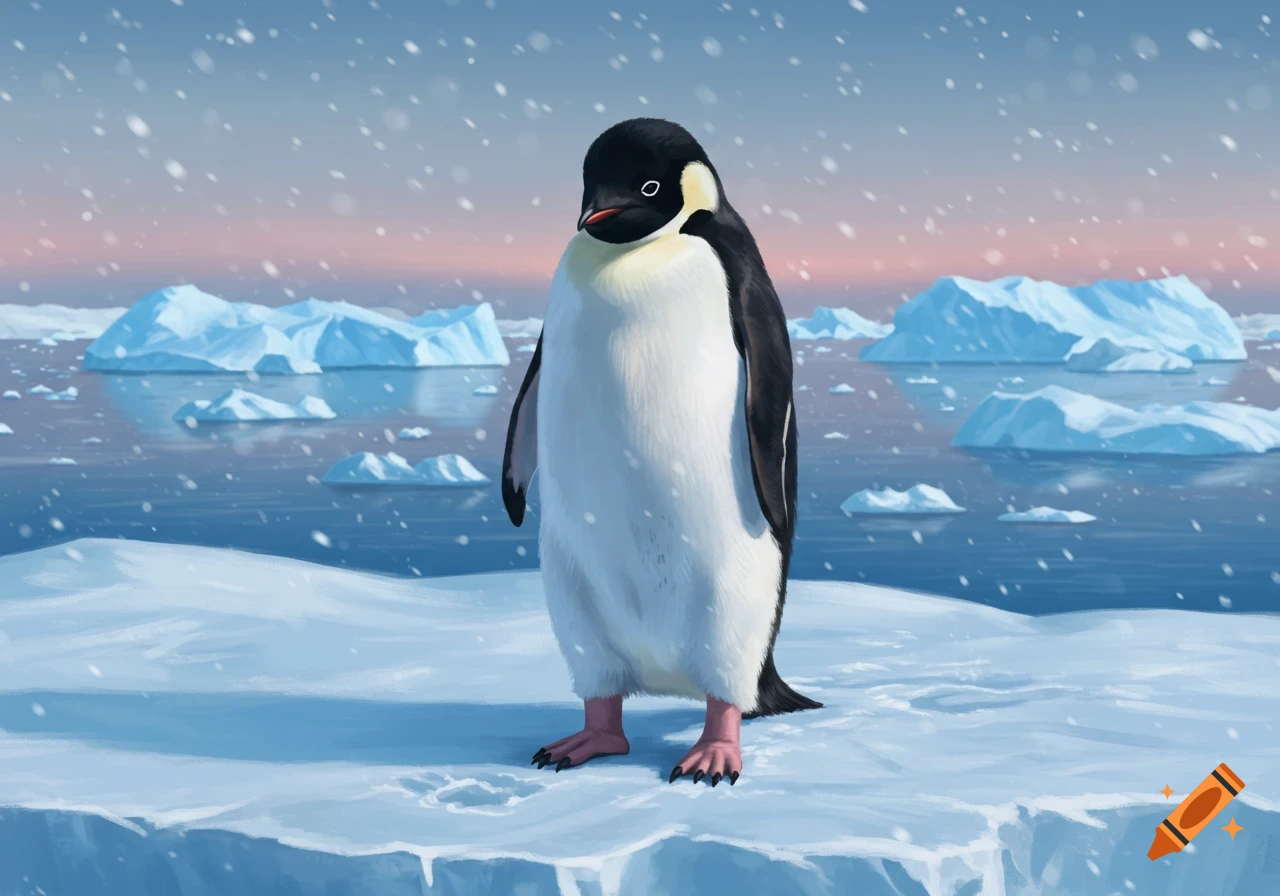 An illustrative image of a penguin with bare human feet standing on an ice floe, with icebergs and falling snow in the background.