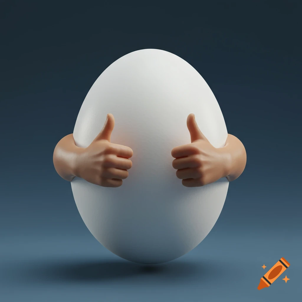 A 3D rendering of a plain white egg with two human-like hands giving thumbs up signs.