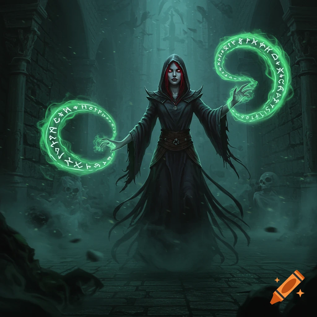 A dark sorceress casts green glowing spells with runes in a gloomy, smoke-filled dungeon with skulls.