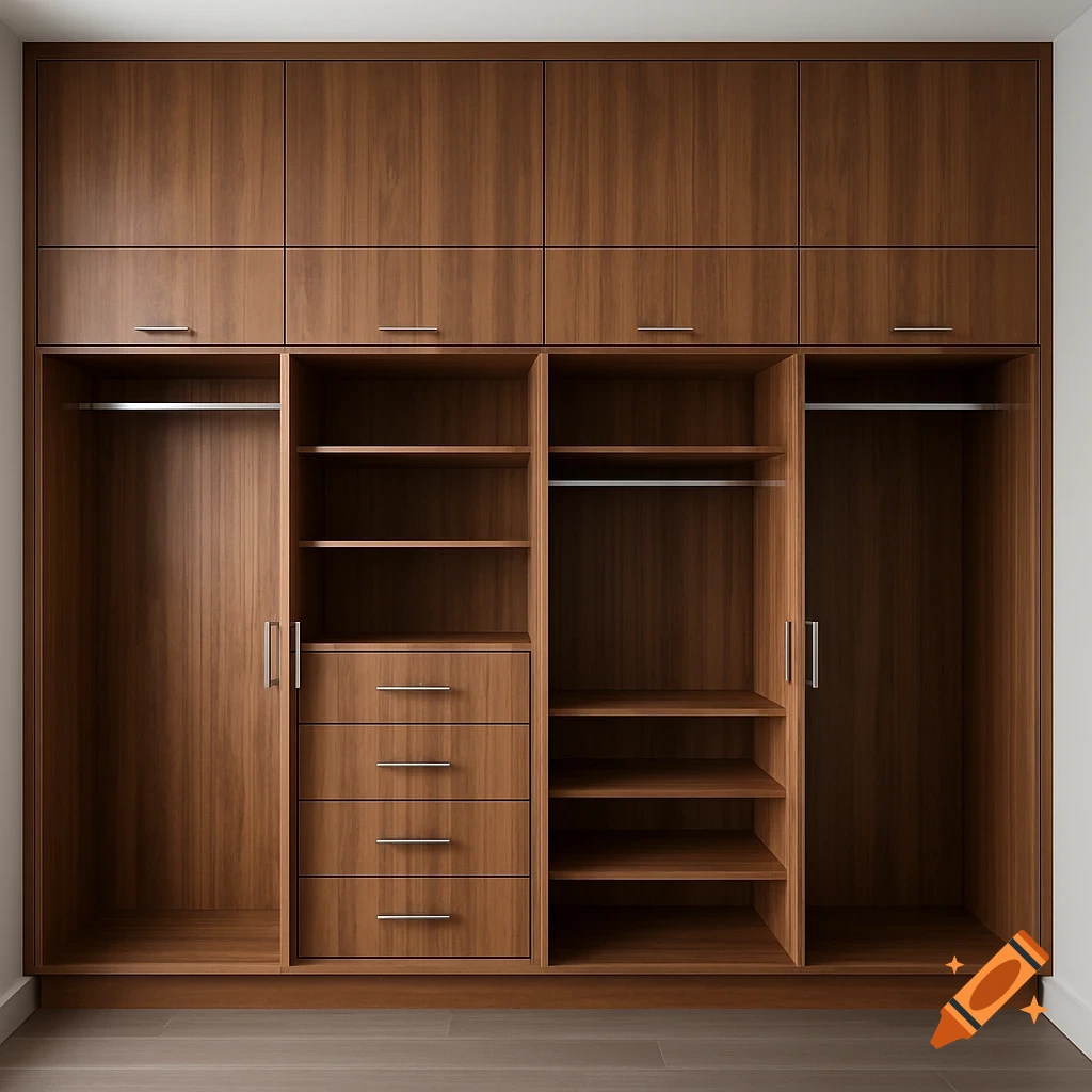 A custom built-in wardrobe with rich brown Polytec Perugian Walnut finish and chrome hardware, featuring open hanging sections, shelves, and drawers.