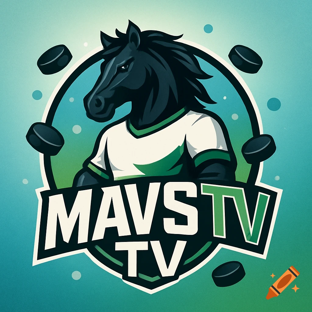 A vibrant logo featuring a black horse mascot in a white and green jersey, surrounded by ice hockey pucks, with 'MAVS TV' text.
