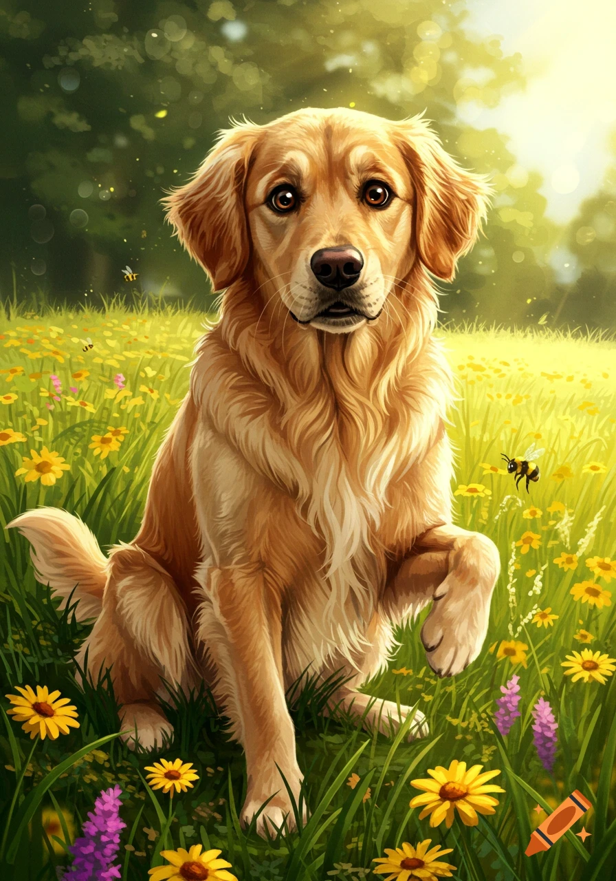 A golden retriever sits in a vibrant field of yellow and purple wildflowers with bees flying around.