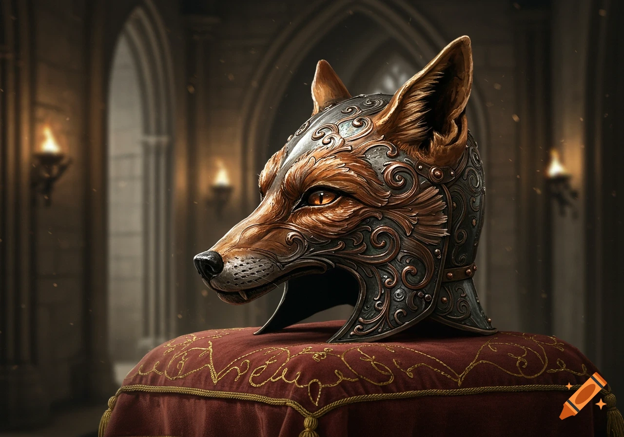 An ornate medieval helmet shaped like a fox's head, made of detailed bronze and steel, rests on a red velvet cushion.