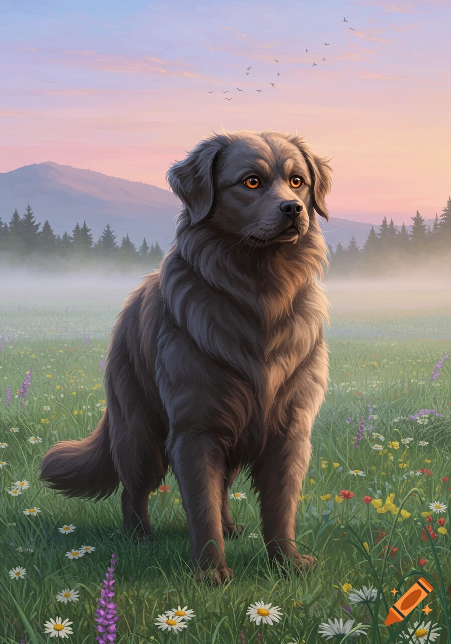 A majestic brown dog with amber eyes stands in a vibrant wildflower field at dawn, with misty mountains and a pink and purple sky in the background.