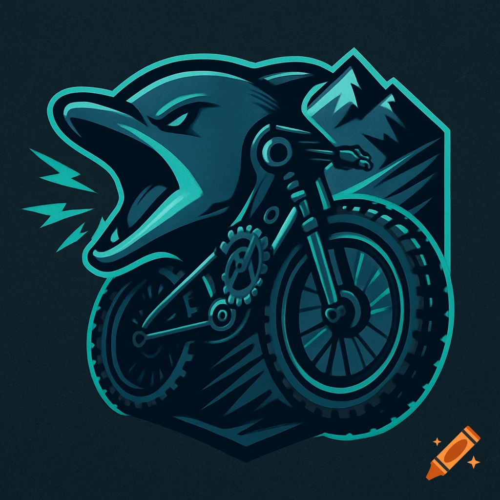 A stylized esports logo featuring an aggressive teal dolphin head combined with mountain bike parts and mountains in a dark color scheme.