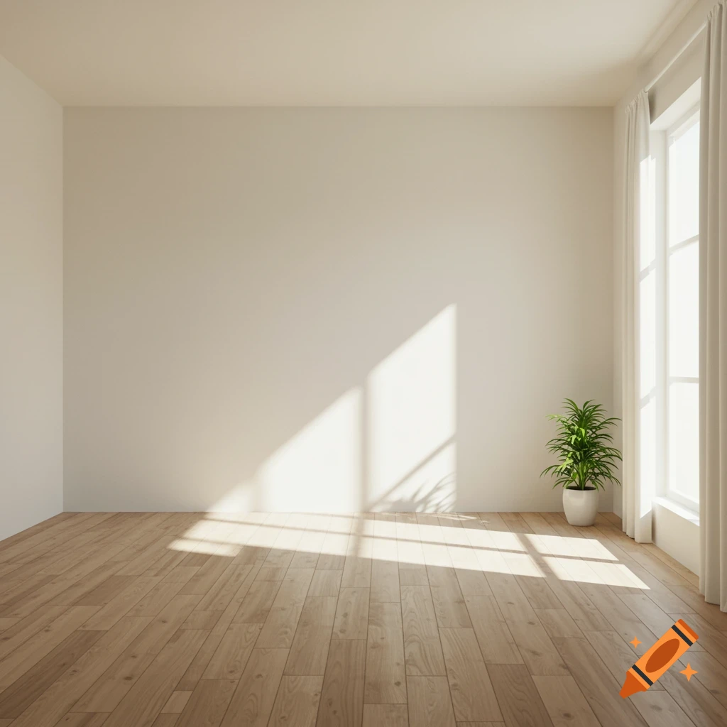 A bright, empty room with light wood floors, white walls, and a large window with white curtains and a potted plant.