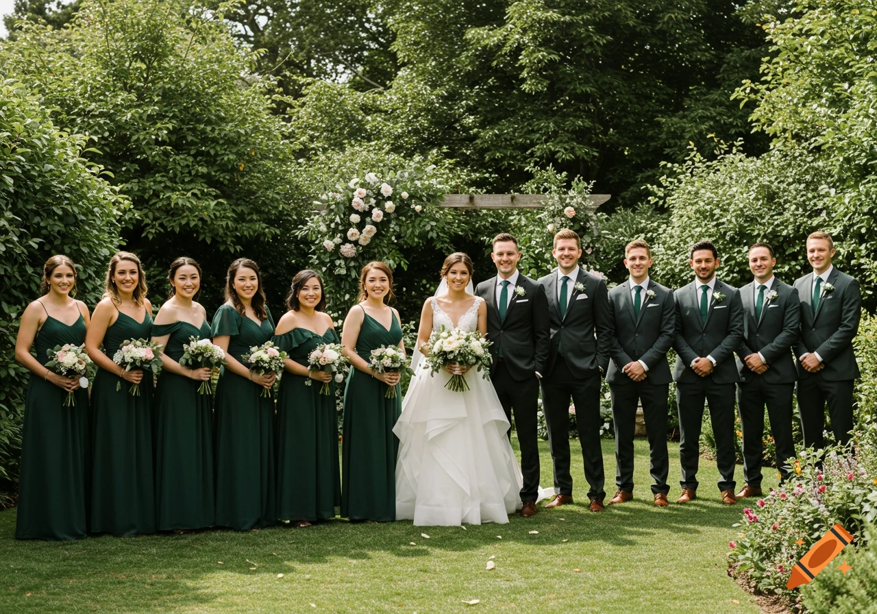 A large wedding party, including the bride in a white gown and groom in a dark suit, poses in a garden.