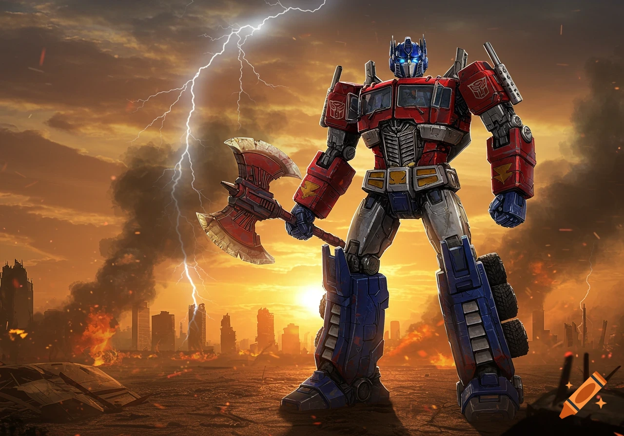Optimus Prime, a red and blue robot, stands with an axe in a city ravaged by fire and lightning under an orange sky.
