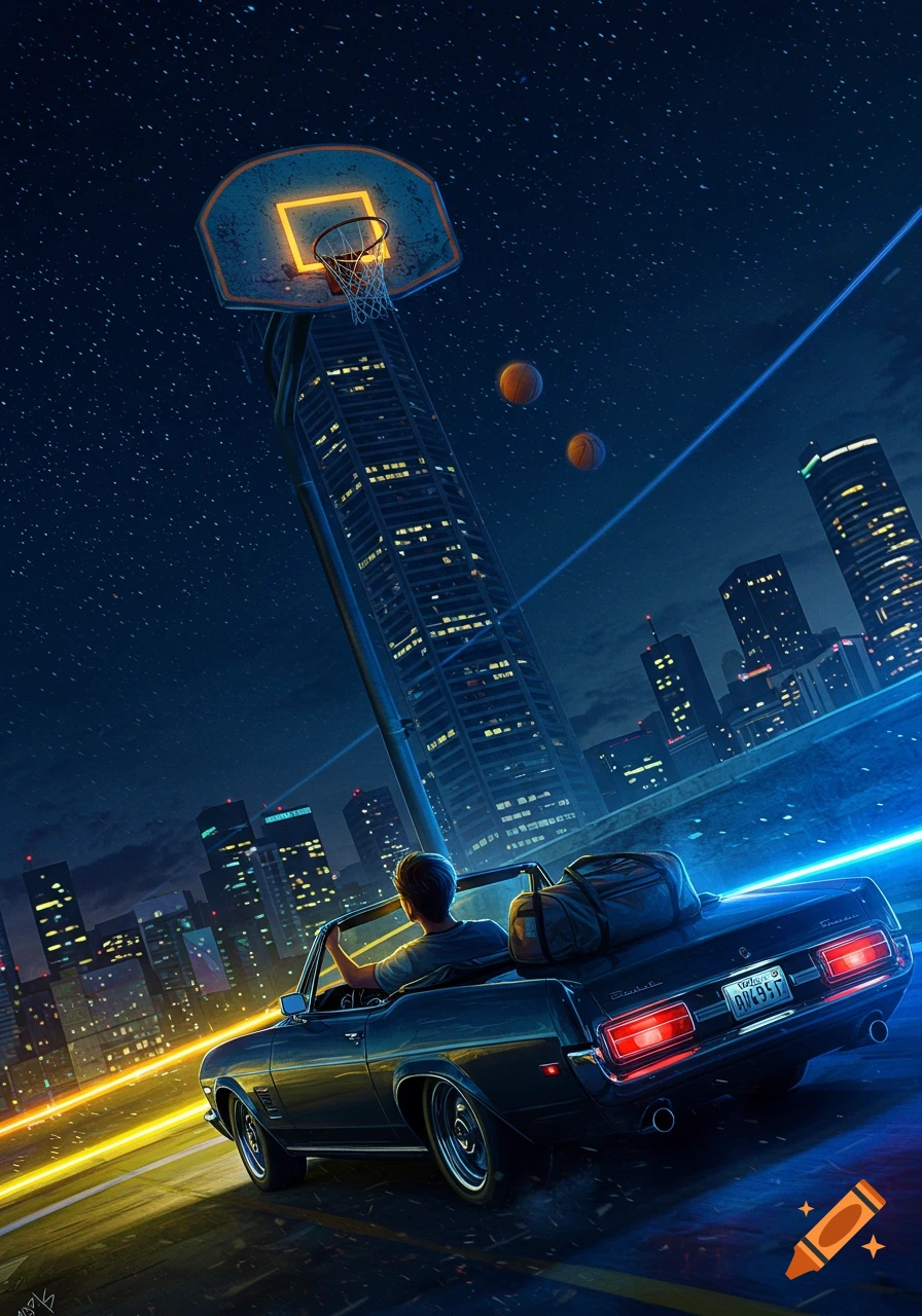 A person drives a vintage convertible car at night on a city road towards a skyscraper basketball hoop, with basketballs in the starry sky.