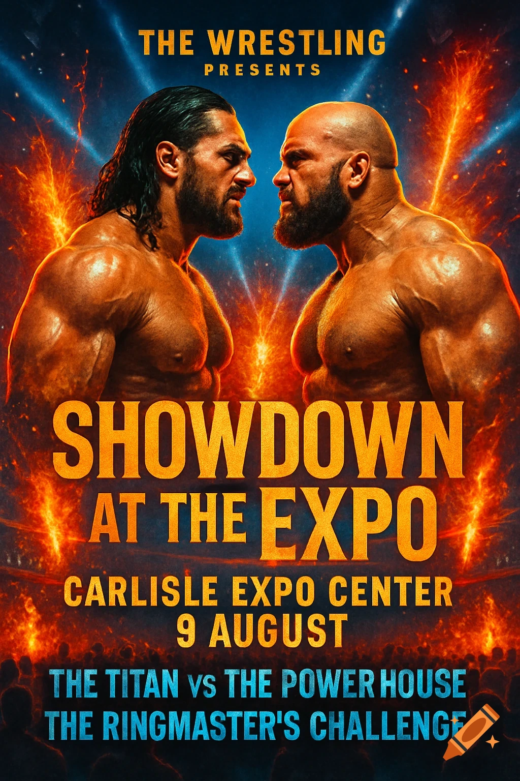 A dramatic wrestling poster featuring two muscular men with fiery effects. Text advertises 'SHOWDOWN AT THE EXPO' by 'THE WRESTLING' on August 9th.