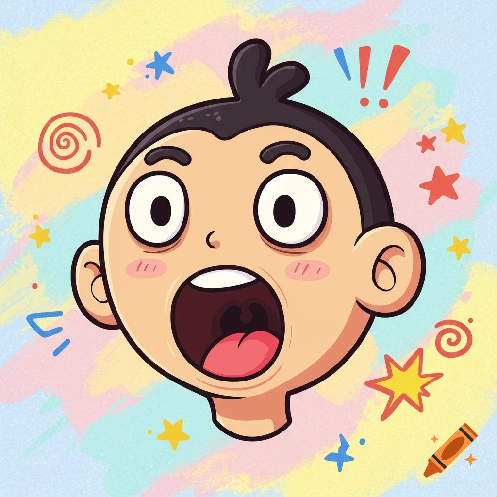 A cartoon head with wide, surprised eyes and an open mouth, set against a colorful pastel background with stars and swirls.