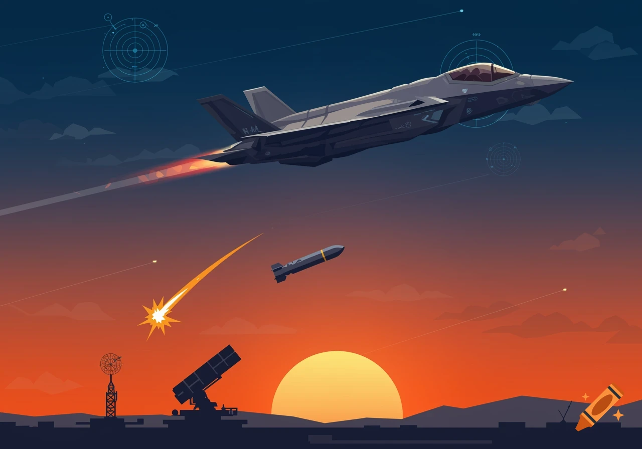 A flat-style digital illustration of a gray F-35 fighter jet flying at sunset, dropping a bomb. A missile launches from the ground below, exploding.